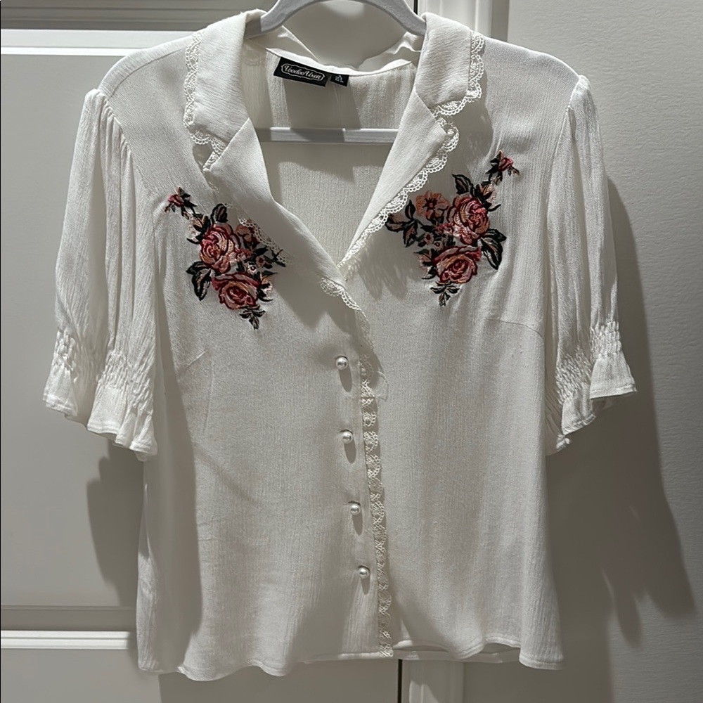 White Embroidered Blouse with Floral Design